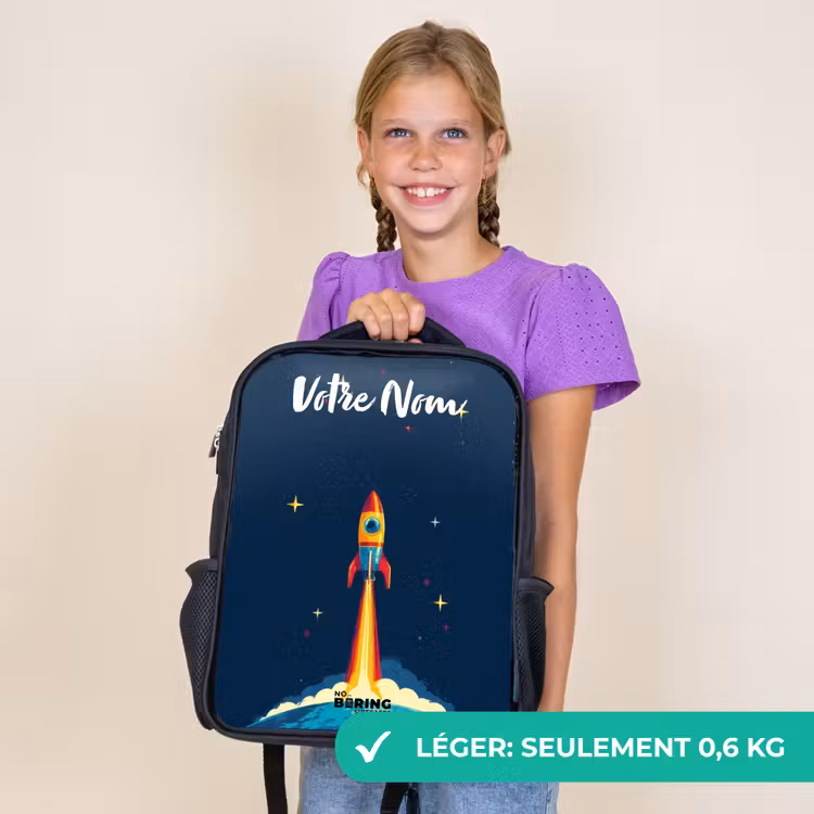Sac à dos enfant avec votre nom - Noir - Planète - Fusée - Étoiles - Bleu foncé — 9