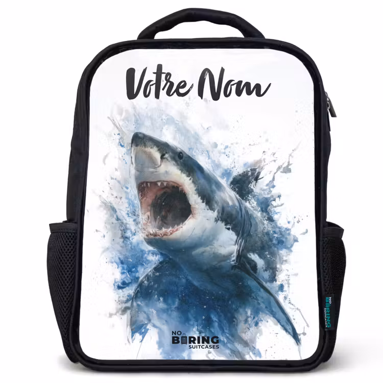 Sac à dos enfant avec votre nom - Noir - Requin attaquant à l'aquarelle — 1