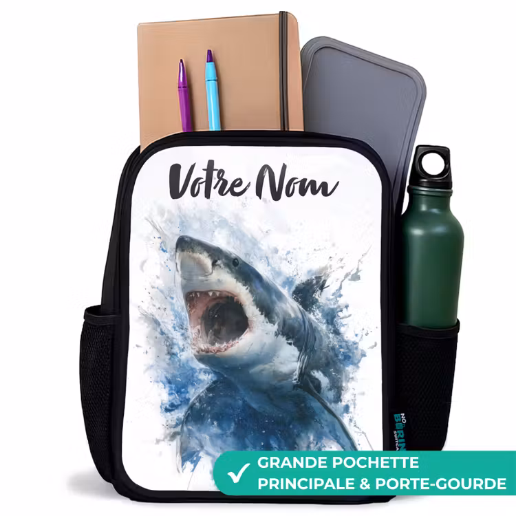 Sac à dos enfant avec votre nom - Noir - Requin attaquant à l'aquarelle — 10
