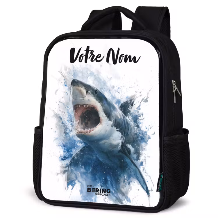 Sac à dos enfant avec votre nom - Noir - Requin attaquant à l'aquarelle — 6