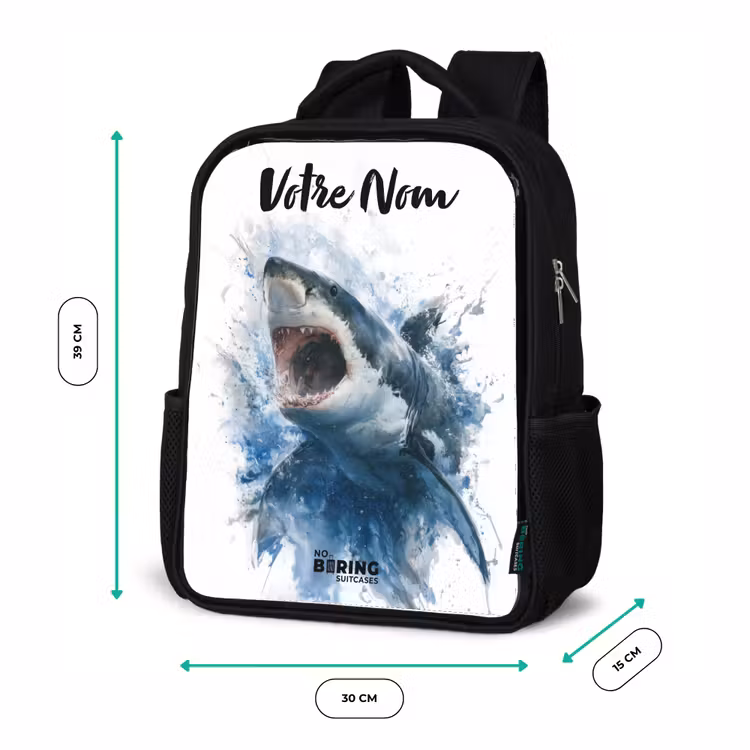 Sac à dos enfant avec votre nom - Noir - Requin attaquant à l'aquarelle — 8