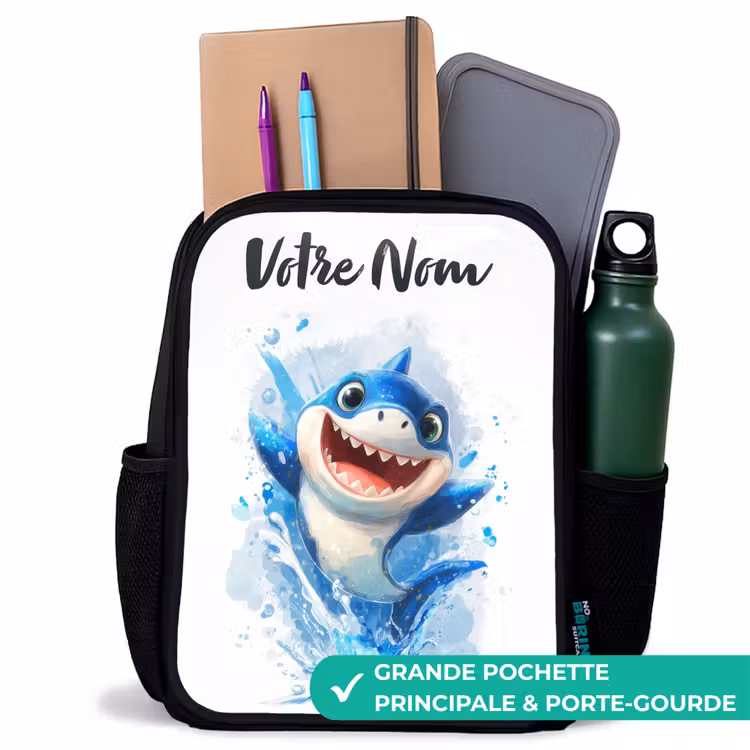 Sac à dos enfant avec votre nom - Noir - Requin - Dents - Eau — 10