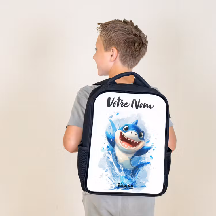 Sac à dos enfant avec votre nom - Noir - Requin - Dents - Eau — 2
