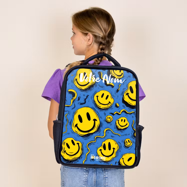 Sac à dos enfant avec votre nom - Noir - Smiley - Bleu - Jaune — 4