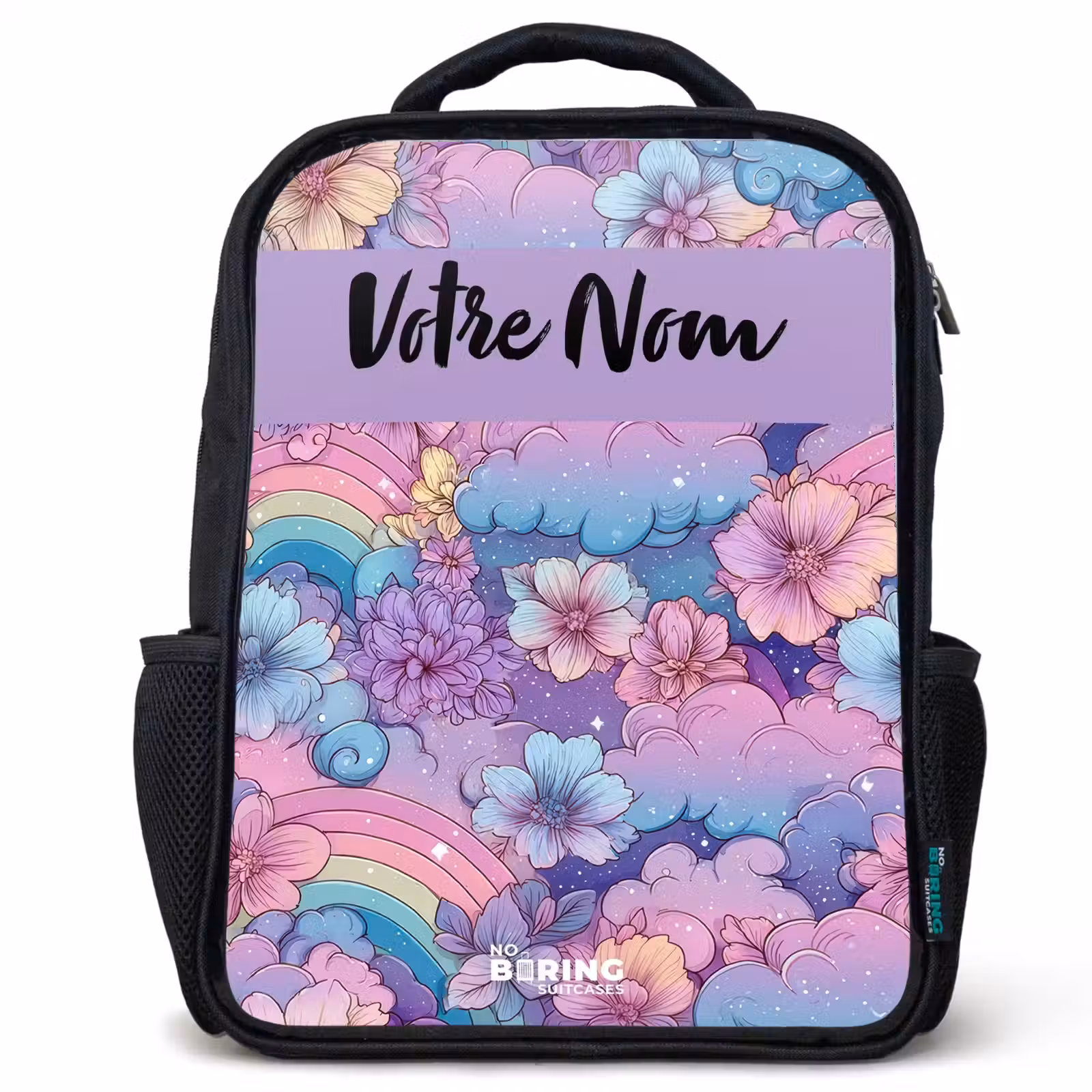 Sac à dos enfant avec votre nom - Noir - Arcs-en-ciel - Fleurs - Couleurs — 1