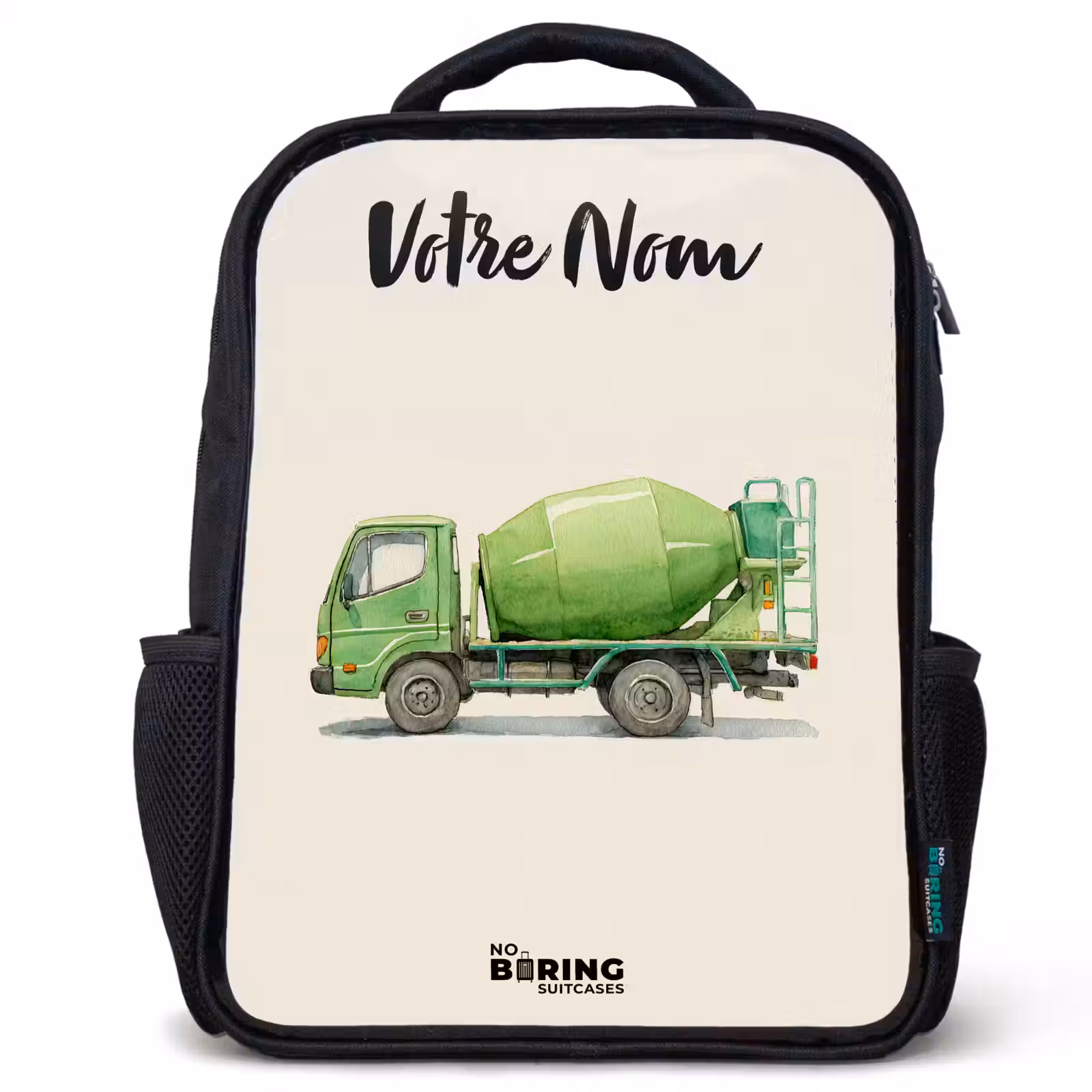 Sac à dos enfant avec votre nom - Noir - Bétonnière - Signée - Verte — 1