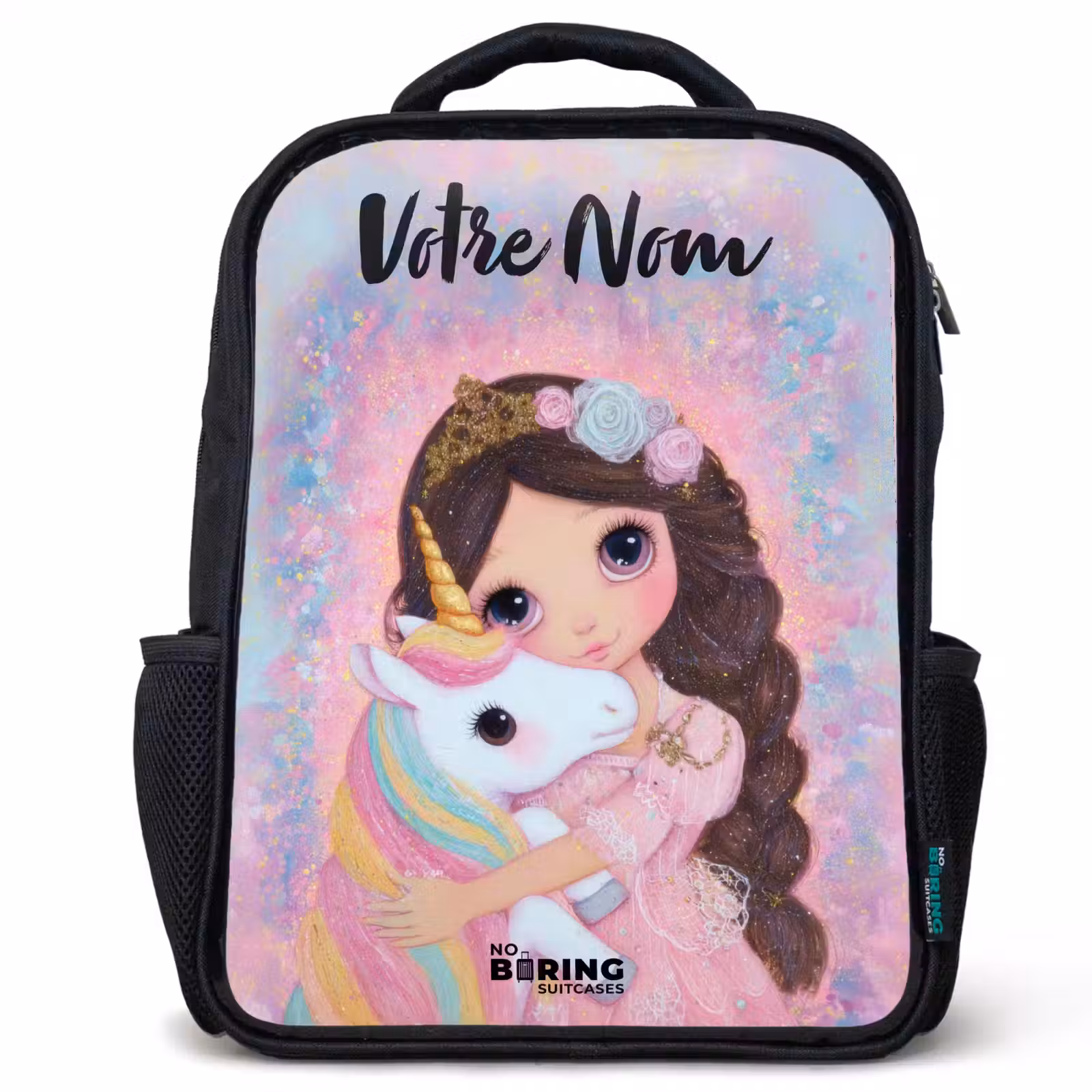Sac à dos enfant avec votre nom - Noir - Fille - Licorne - Paillettes — 1