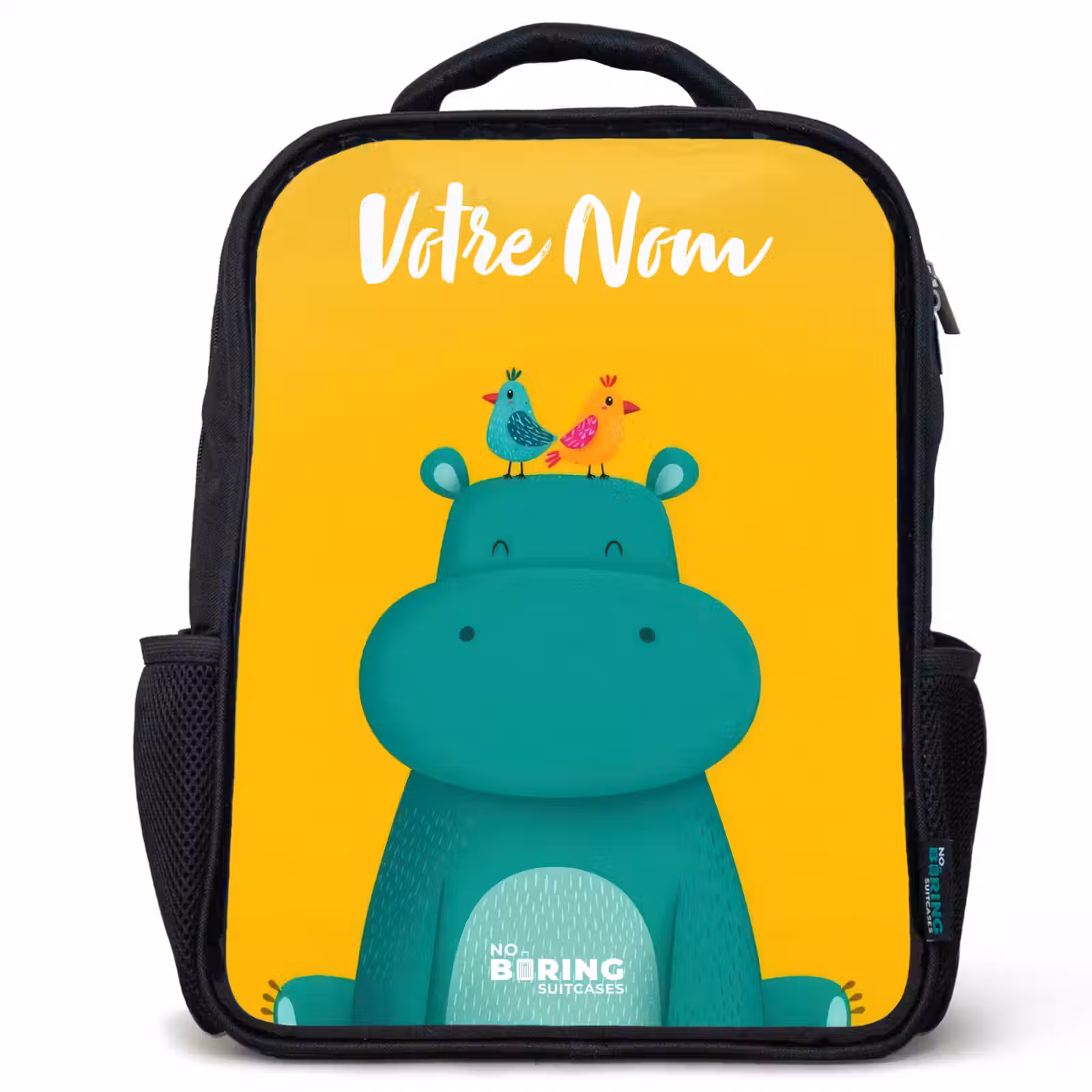 Sac à dos enfant avec votre nom - Noir - Hippo - Oiseaux - Jaune — 1