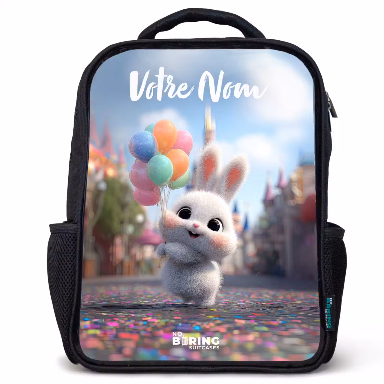 Sac à dos enfant avec votre nom - Noir - lapin - Ballons — 1