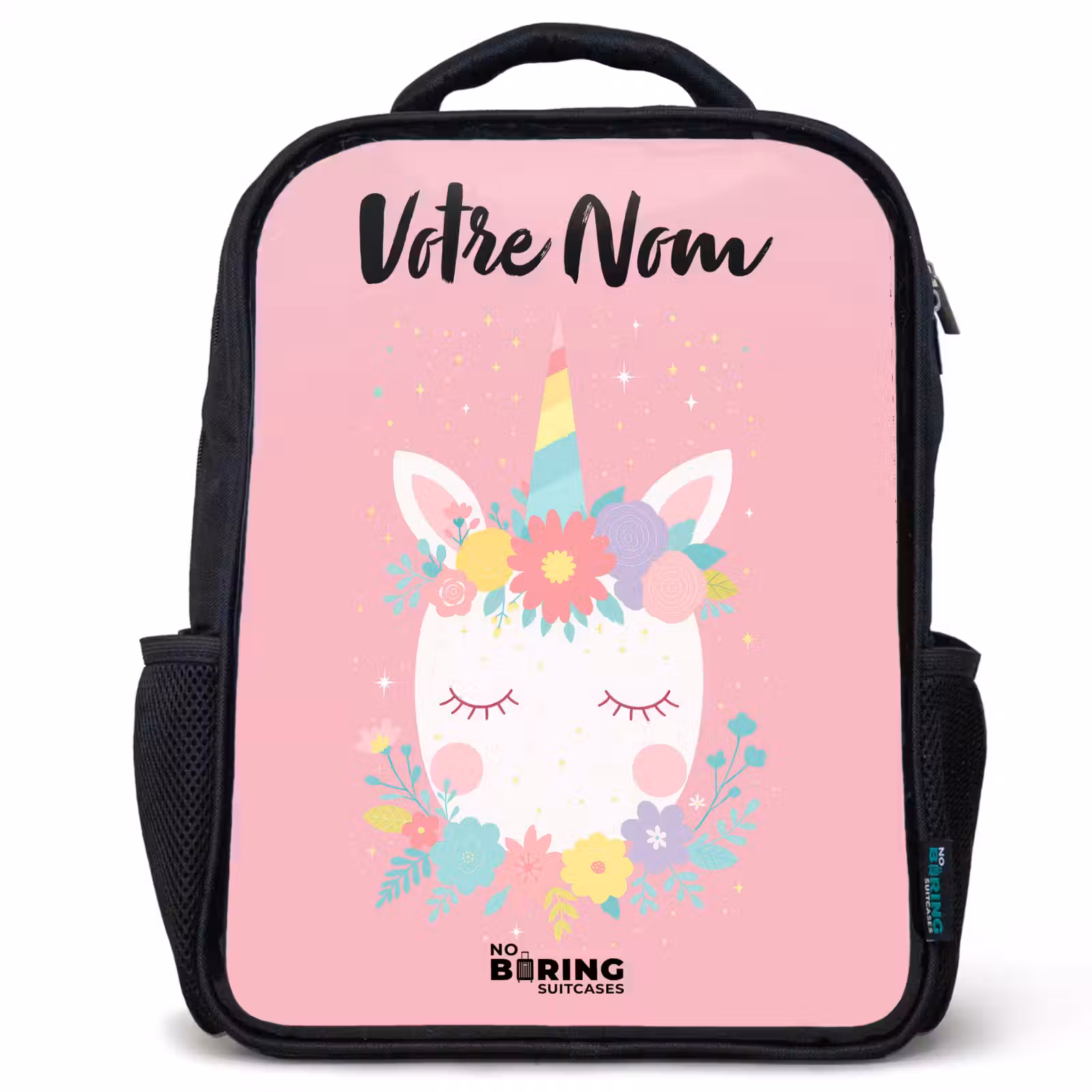 Sac à dos enfant avec votre nom - Noir - Licorne - Fleurs - Rose — 1