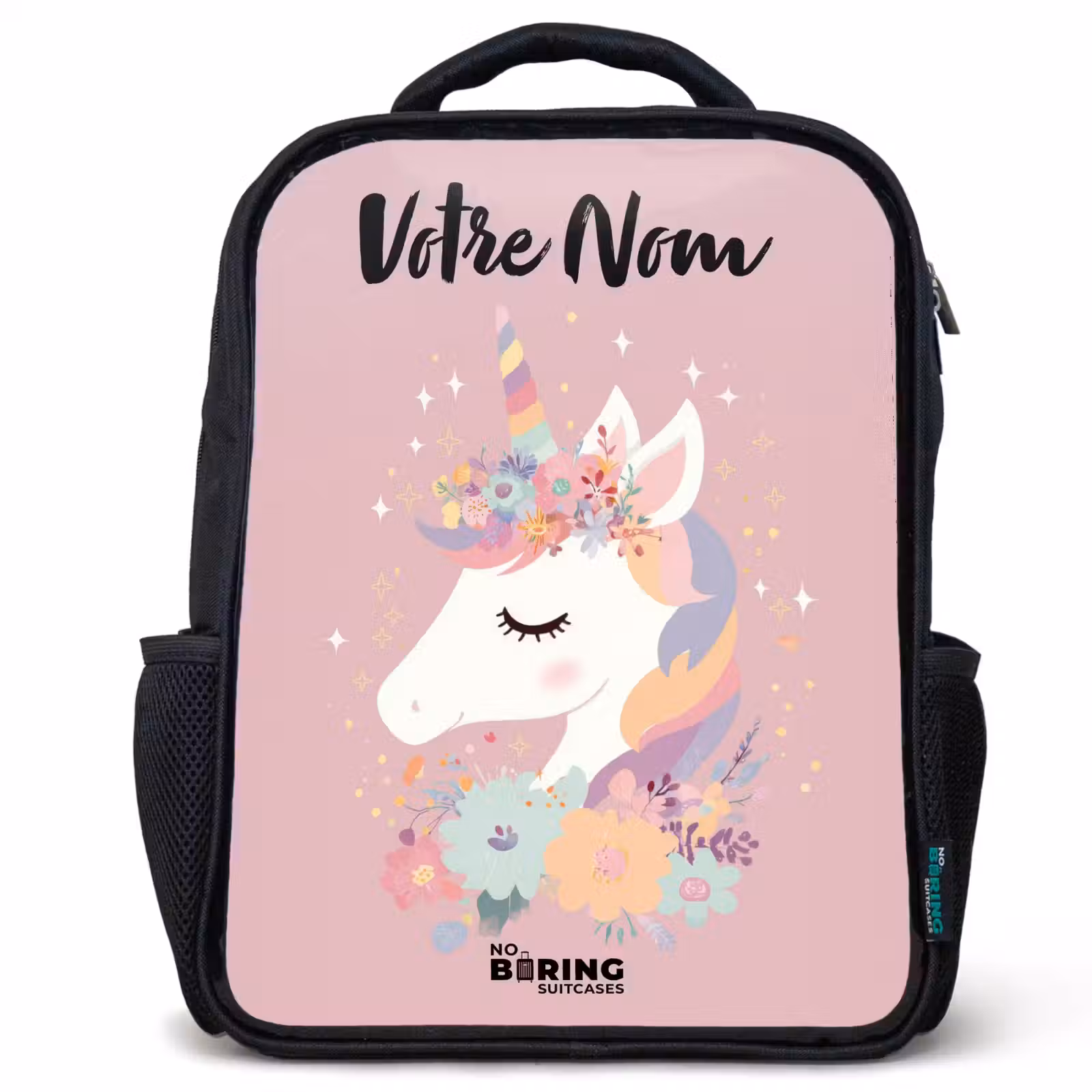 Sac à dos enfant avec votre nom - Noir - Licorne - Rose - Fleurs — 1