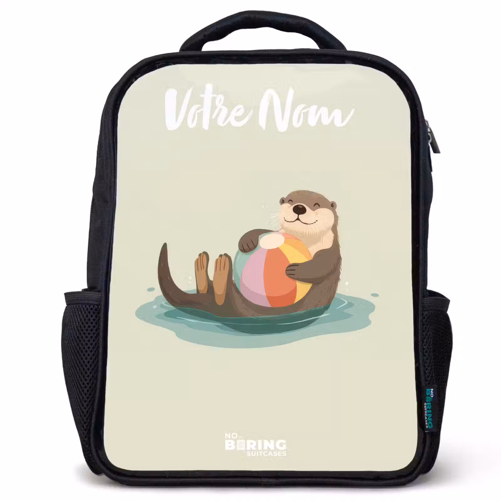Sac à dos enfant avec votre nom - Noir - Loutre - Ballon de plage - Eau — 1