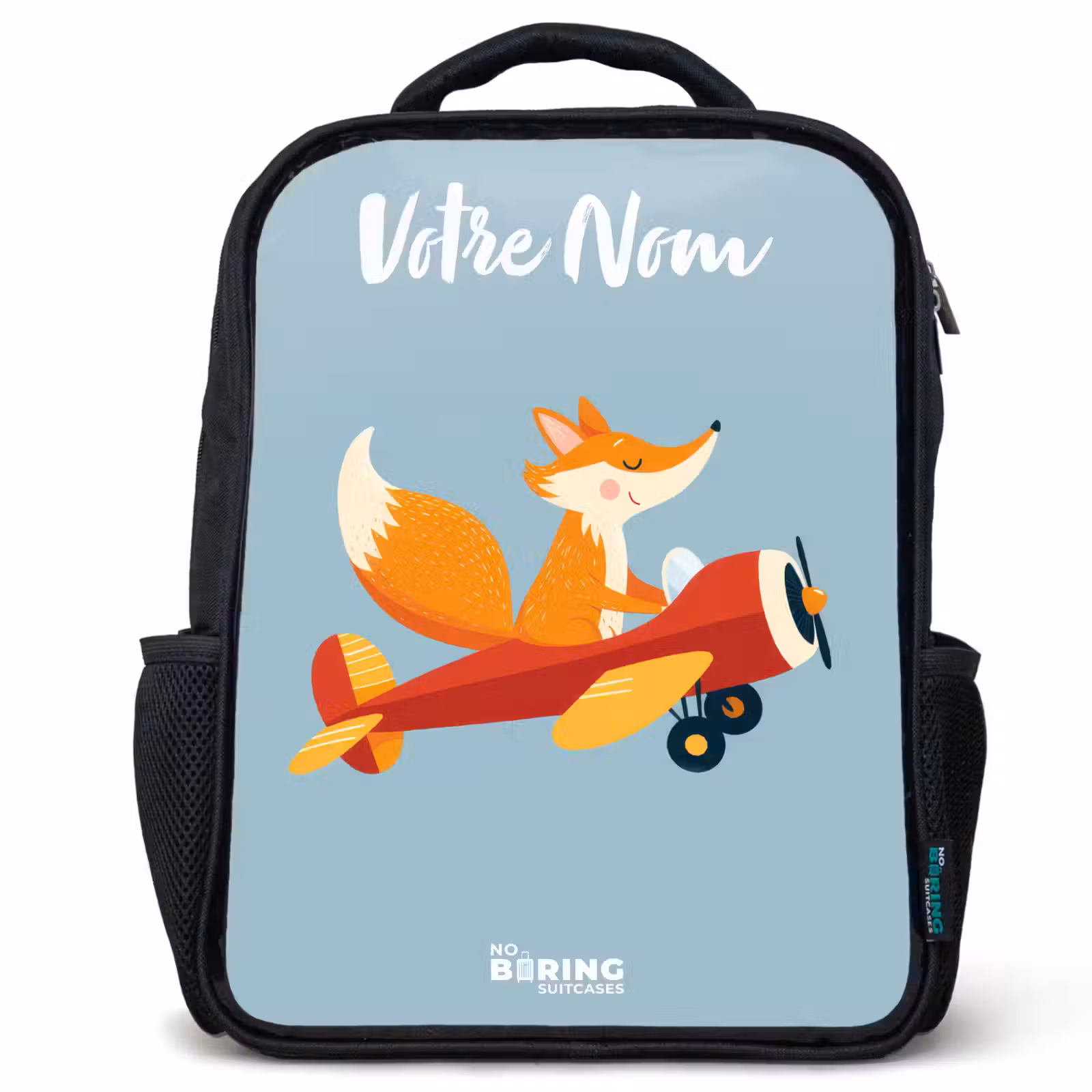 Sac à dos enfant avec votre nom - Noir - Renard - Avion - Mouches — 1