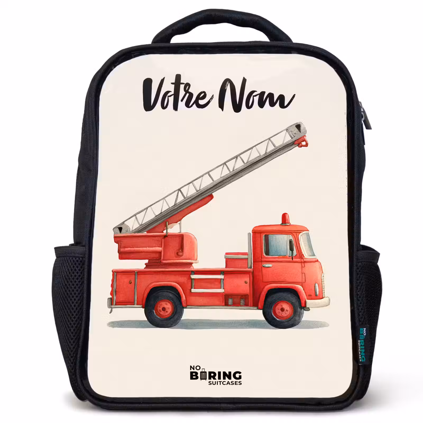 Sac à dos enfant avec votre nom - Noir - Véhicule de pompiers - Signé - Rouge — 1
