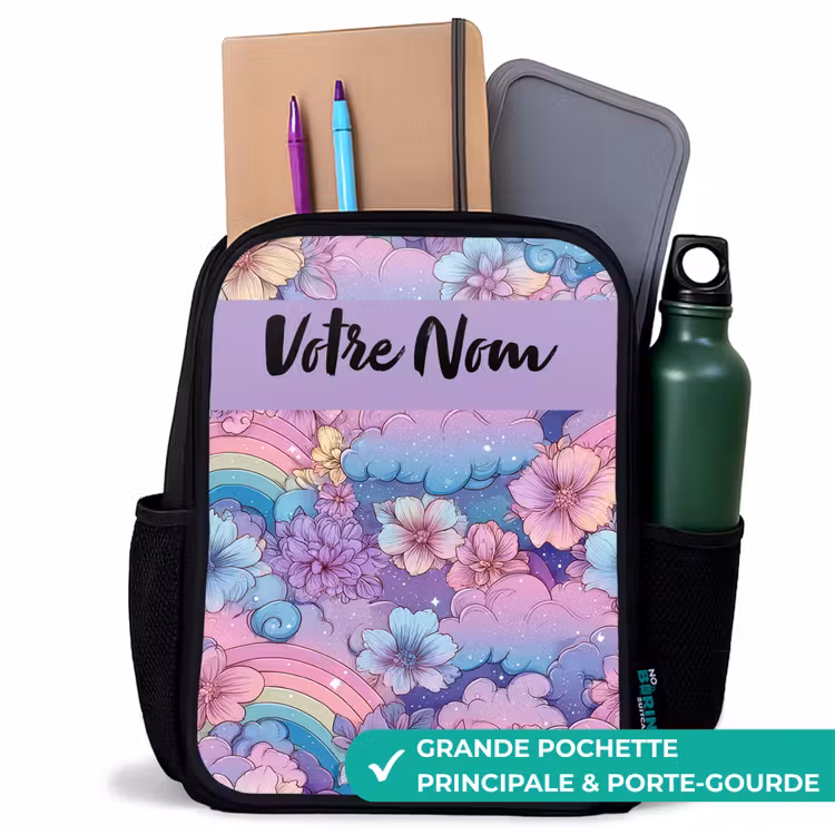 Sac à dos enfant avec votre nom - Noir - Arcs-en-ciel - Fleurs - Couleurs — 10