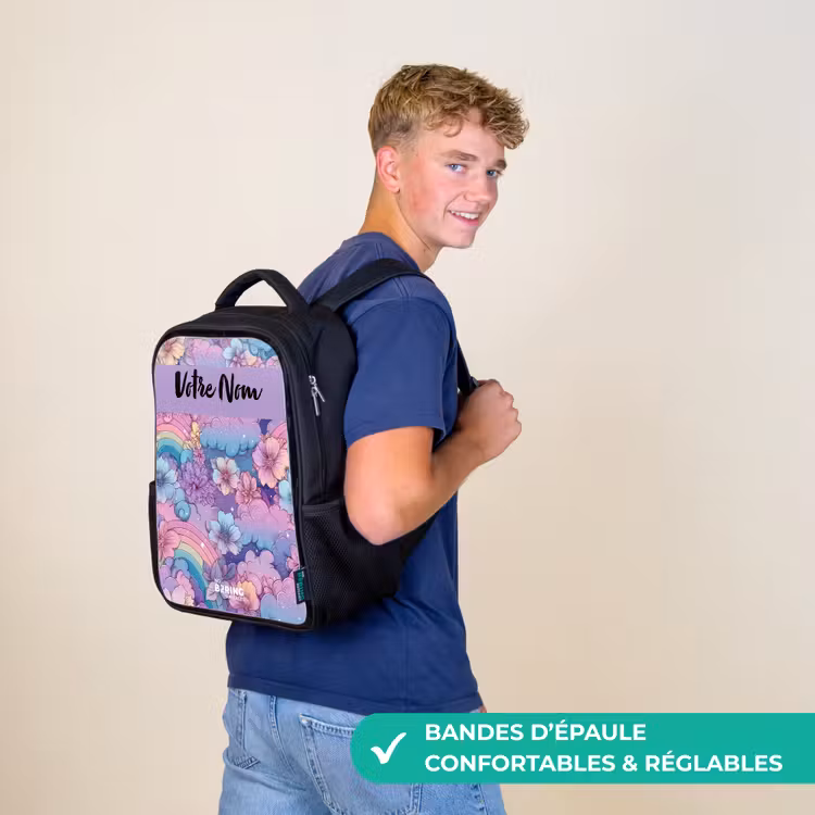 Sac à dos enfant avec votre nom - Noir - Arcs-en-ciel - Fleurs - Couleurs — 11