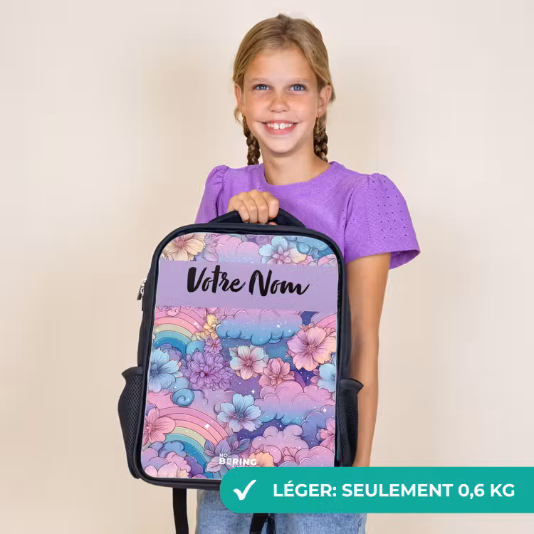 Sac à dos enfant avec votre nom - Noir - Arcs-en-ciel - Fleurs - Couleurs — 9