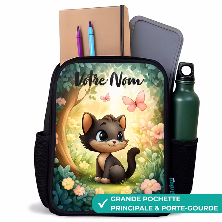 Sac à dos enfant avec votre nom - Noir - Chat - Papillon - Fleurs — 10