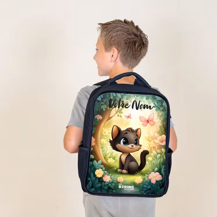 Sac à dos enfant avec votre nom - Noir - Chat - Papillon - Fleurs — 2
