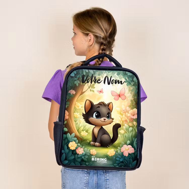 Sac à dos enfant avec votre nom - Noir - Chat - Papillon - Fleurs — 4