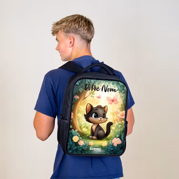Sac à dos enfant avec votre nom - Noir - Chat - Papillon - Fleurs — 5
