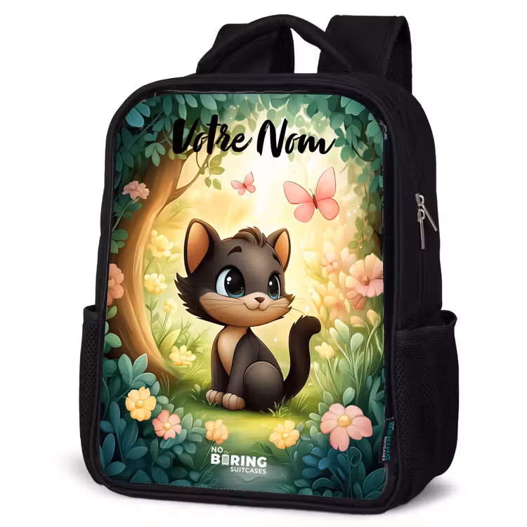 Sac à dos enfant avec votre nom - Noir - Chat - Papillon - Fleurs — 6