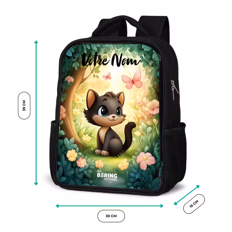 Sac à dos enfant avec votre nom - Noir - Chat - Papillon - Fleurs — 8