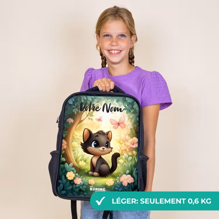 Sac à dos enfant avec votre nom - Noir - Chat - Papillon - Fleurs — 9