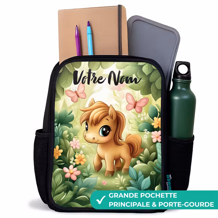 Sac à dos enfant avec votre nom - Noir - Cheval - Fleurs - Papillons — 10