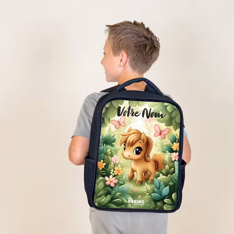Sac à dos enfant avec votre nom - Noir - Cheval - Fleurs - Papillons — 2