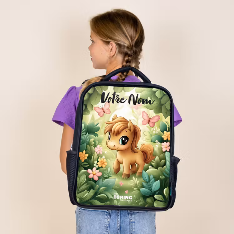 Sac à dos enfant avec votre nom - Noir - Cheval - Fleurs - Papillons — 4