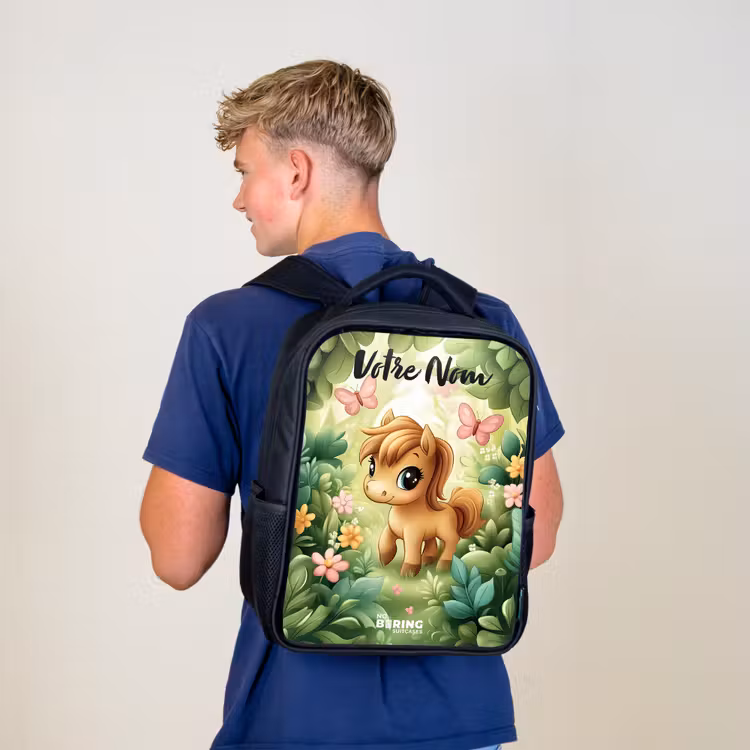 Sac à dos enfant avec votre nom - Noir - Cheval - Fleurs - Papillons — 5