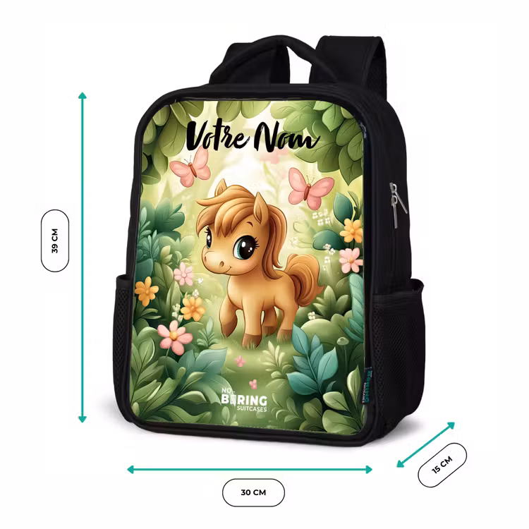 Sac à dos enfant avec votre nom - Noir - Cheval - Fleurs - Papillons — 8