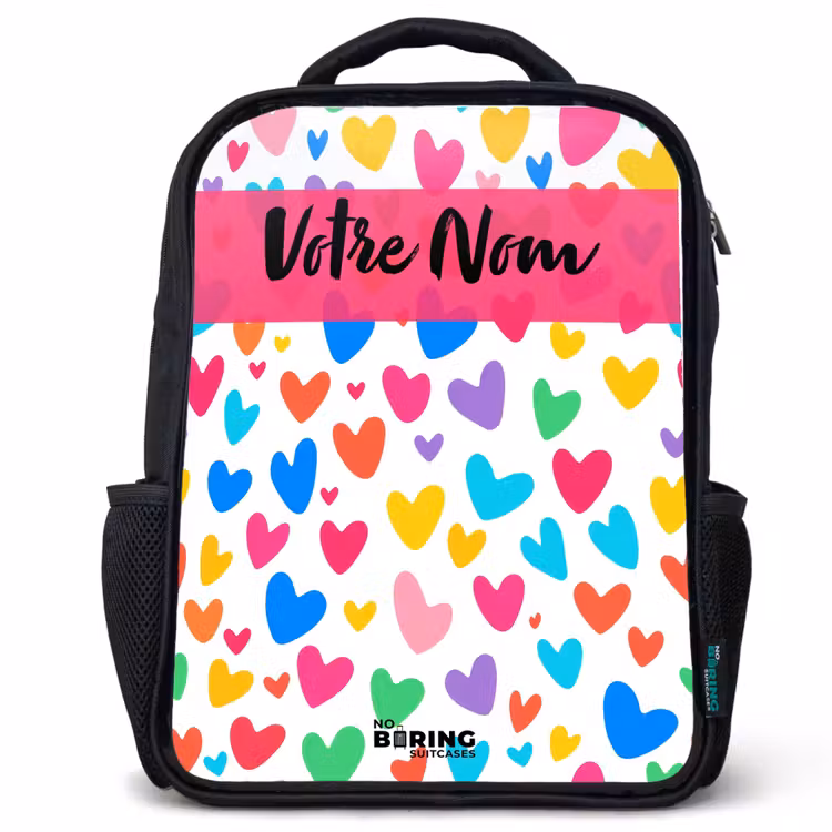 Sac à dos enfant avec votre nom - Noir - Coeurs - Coloré - Motif — 1