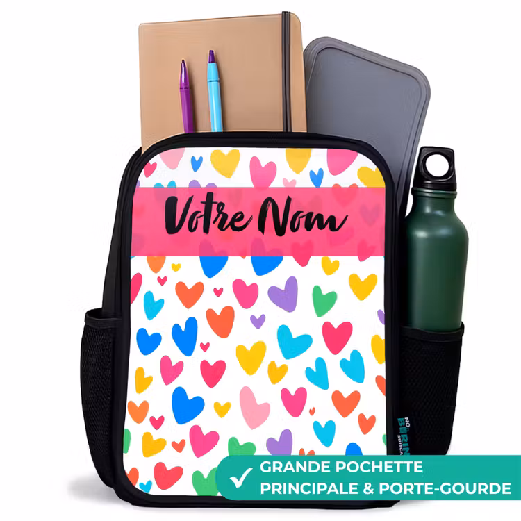 Sac à dos enfant avec votre nom - Noir - Coeurs - Coloré - Motif — 10