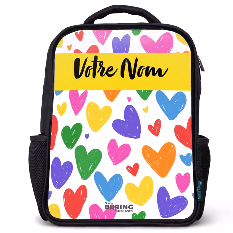 Sac à dos enfant avec votre nom - Noir - Coeurs - Motif - Coloré — 1