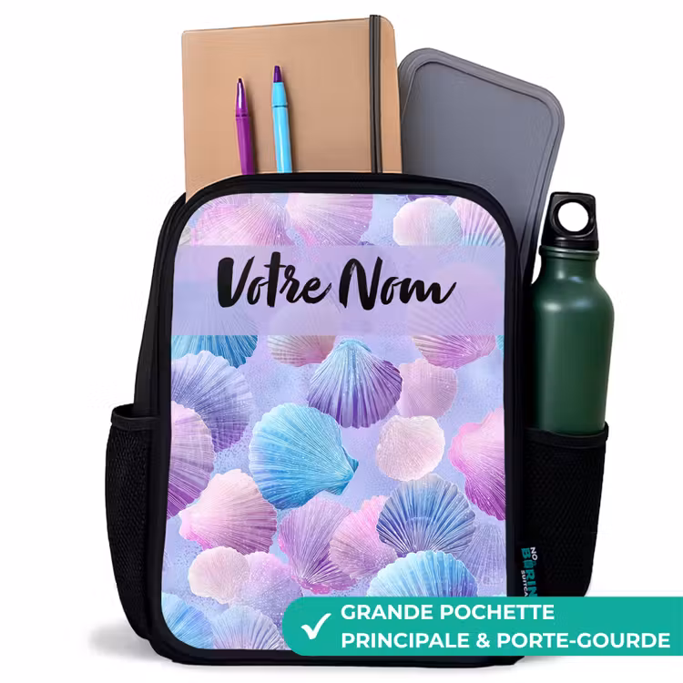 Sac à dos enfant avec votre nom - Noir - Coquillages - Violet - Bleu - Motif — 10