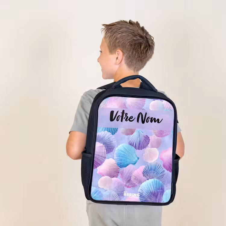 Sac à dos enfant avec votre nom - Noir - Coquillages - Violet - Bleu - Motif — 2