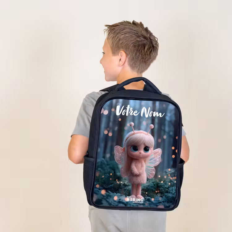Sac à dos enfant avec votre nom - Noir - Fée - Forêt - Paillettes — 2