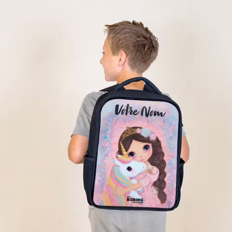 Sac à dos enfant avec votre nom - Noir - Fille - Licorne - Paillettes — 2