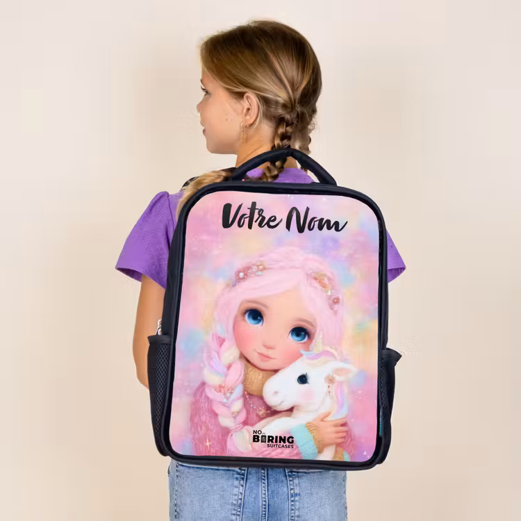 Sac à dos enfant avec votre nom - Noir - Fille - Licorne - Rose — 4