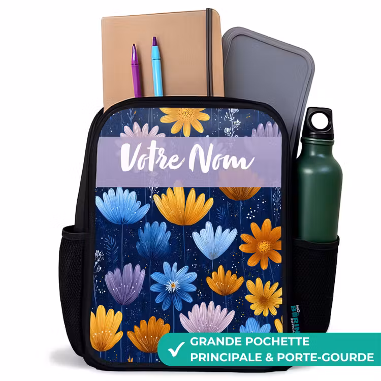 Sac à dos enfant avec votre nom - Noir - Fleurs - Motif - Bleu — 10