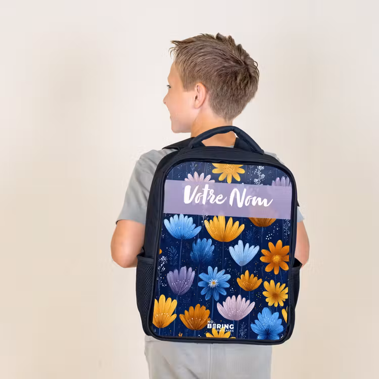 Sac à dos enfant avec votre nom - Noir - Fleurs - Motif - Bleu — 2