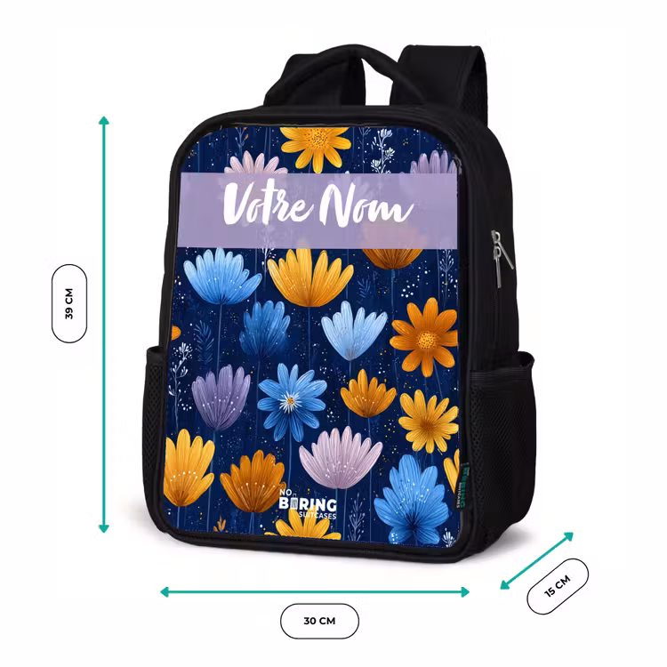 Sac à dos enfant avec votre nom - Noir - Fleurs - Motif - Bleu — 8