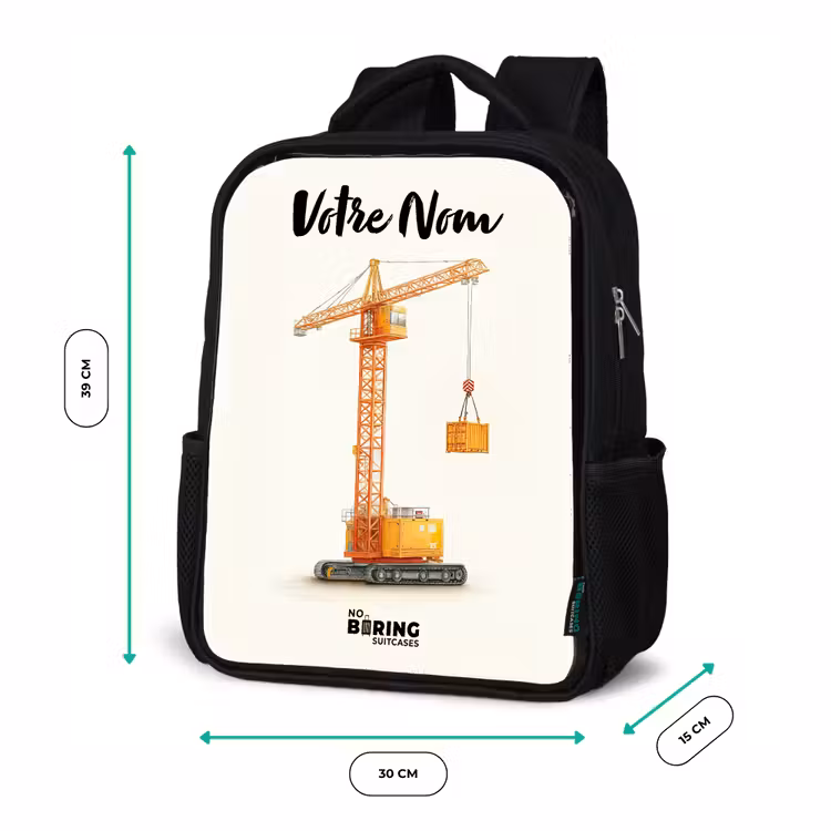 Sac à dos enfant avec votre nom - Noir - Grue à tour - Signée - Orange — 8