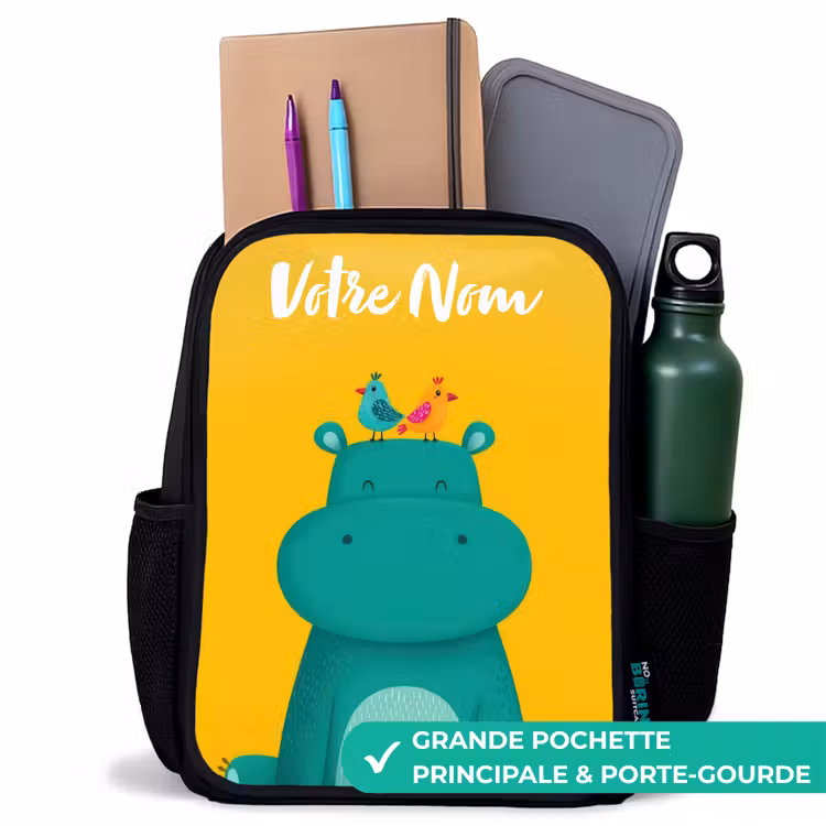 Sac à dos enfant avec votre nom - Noir - Hippo - Oiseaux - Jaune — 10