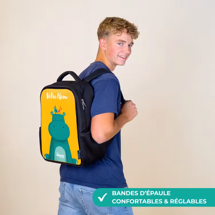 Sac à dos enfant avec votre nom - Noir - Hippo - Oiseaux - Jaune — 11