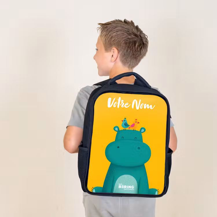 Sac à dos enfant avec votre nom - Noir - Hippo - Oiseaux - Jaune — 2