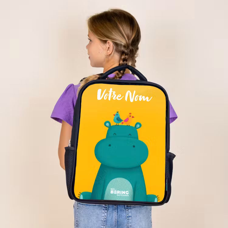 Sac à dos enfant avec votre nom - Noir - Hippo - Oiseaux - Jaune — 4