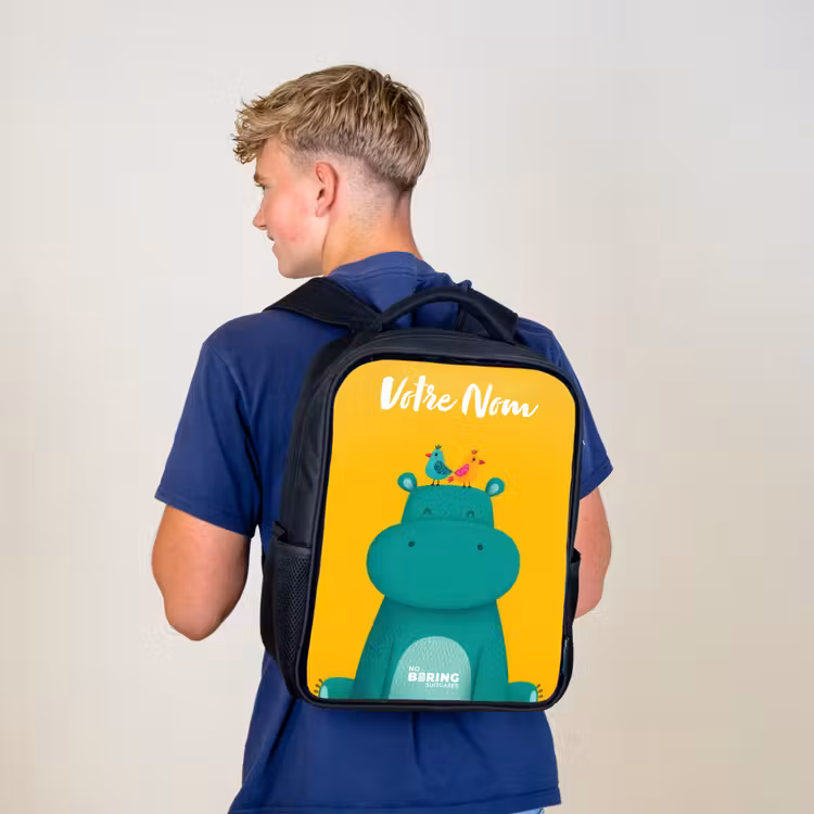 Sac à dos enfant avec votre nom - Noir - Hippo - Oiseaux - Jaune — 5